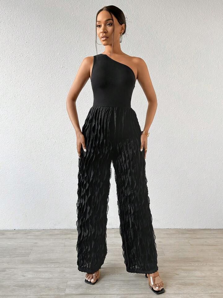 Black Jumpsuit With Diagonal Shoulder Sexy Texture Fabric