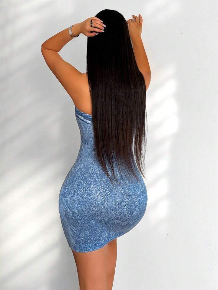 Denim printed look Tight Bodycon Tube dress