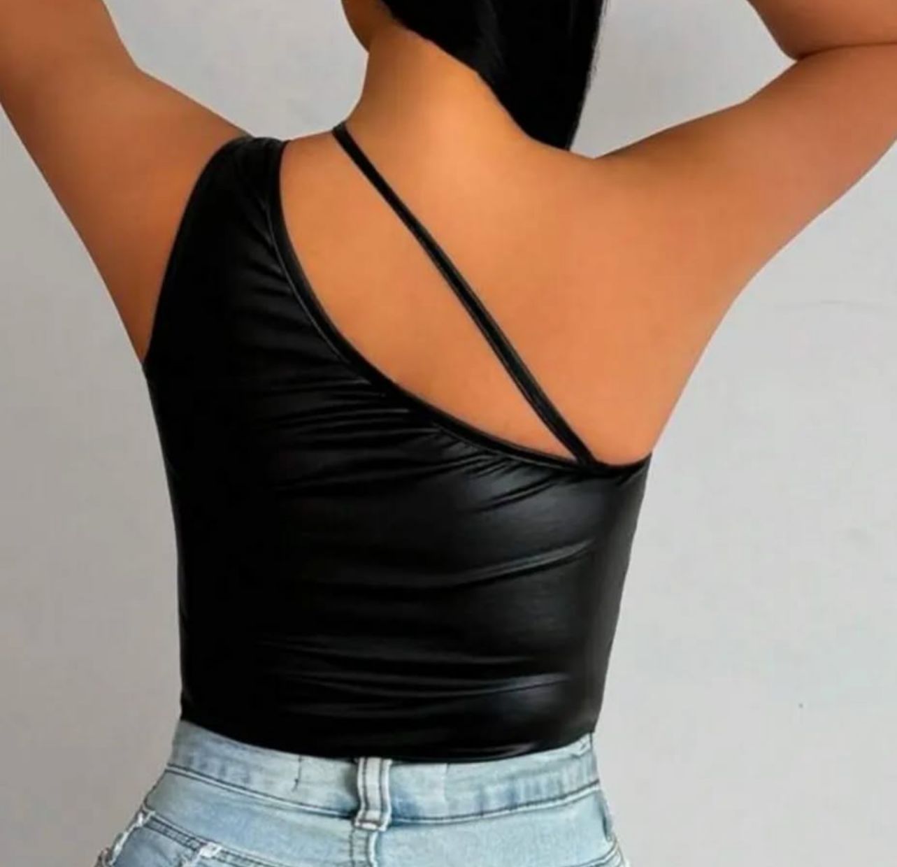 Draw String One Off Shoulder  Black Leather Crop Top