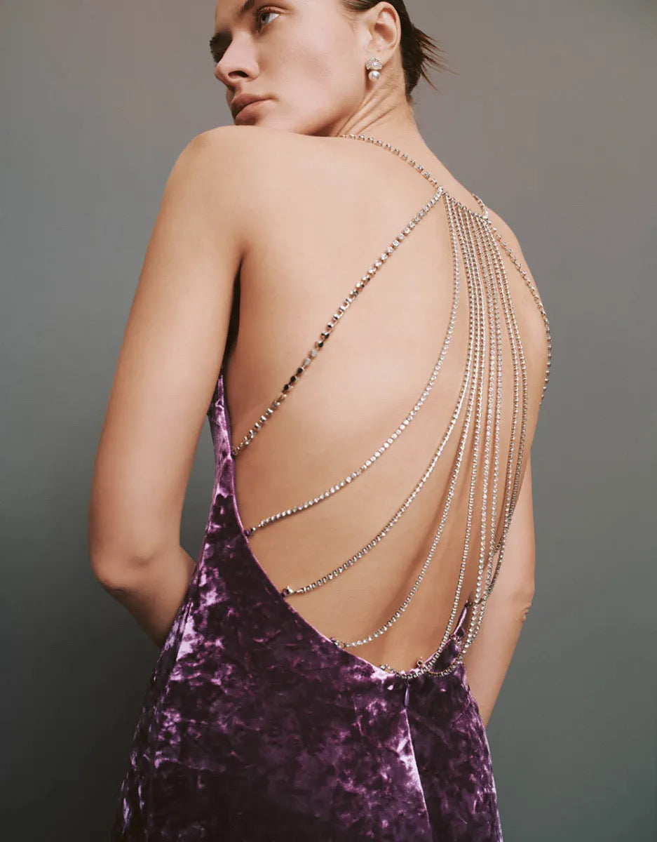 Back Swarovski chain design long crushed velvet dress