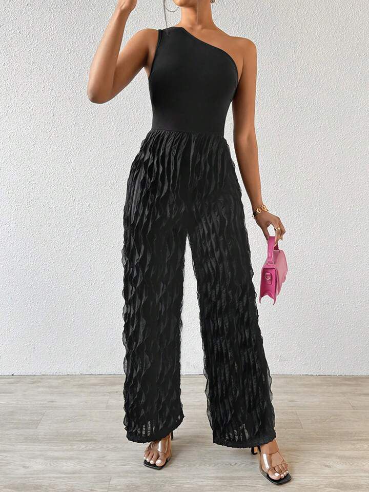 Black Jumpsuit With Diagonal Shoulder Sexy Texture Fabric