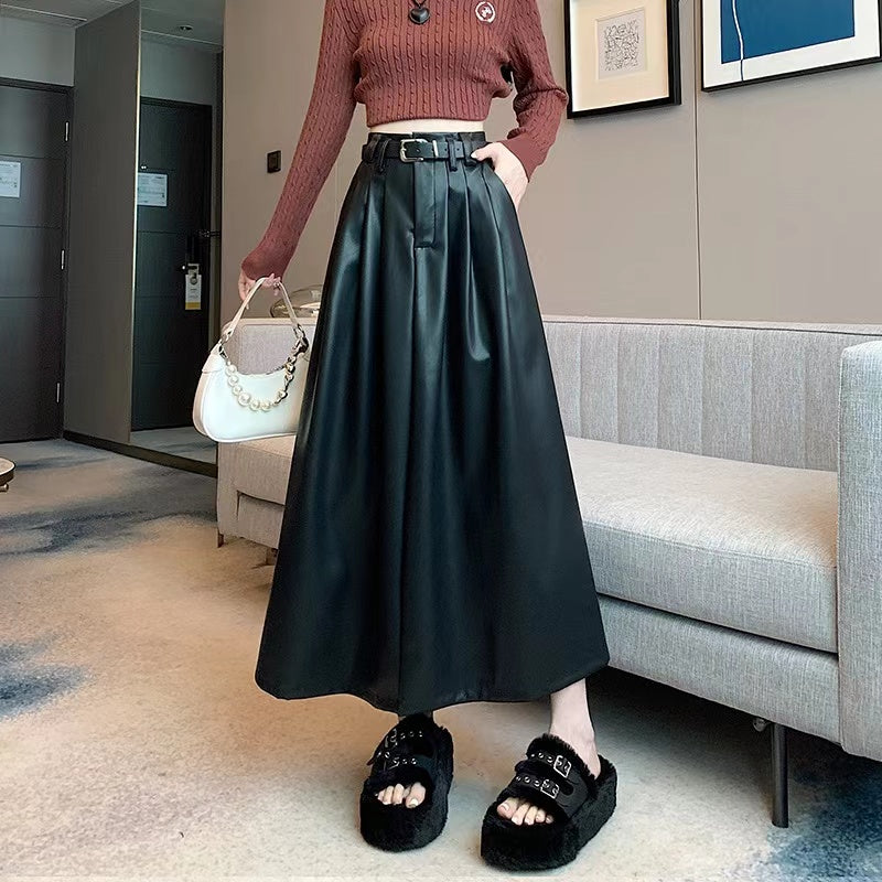 Pleated flare Korean inspired leather skirt with belt