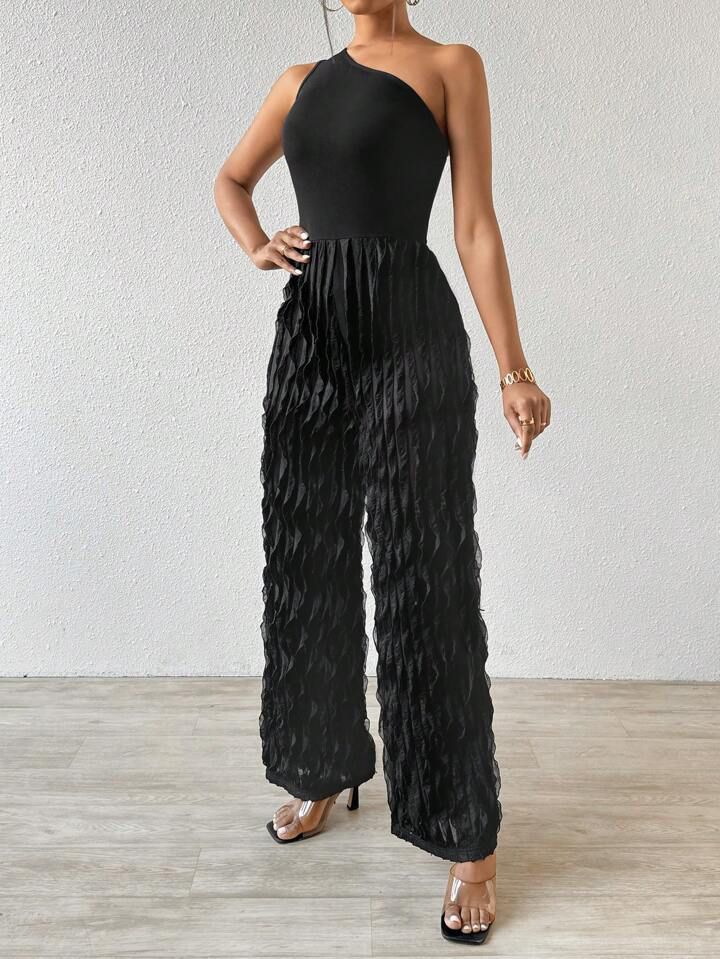 Black Jumpsuit With Diagonal Shoulder Sexy Texture Fabric