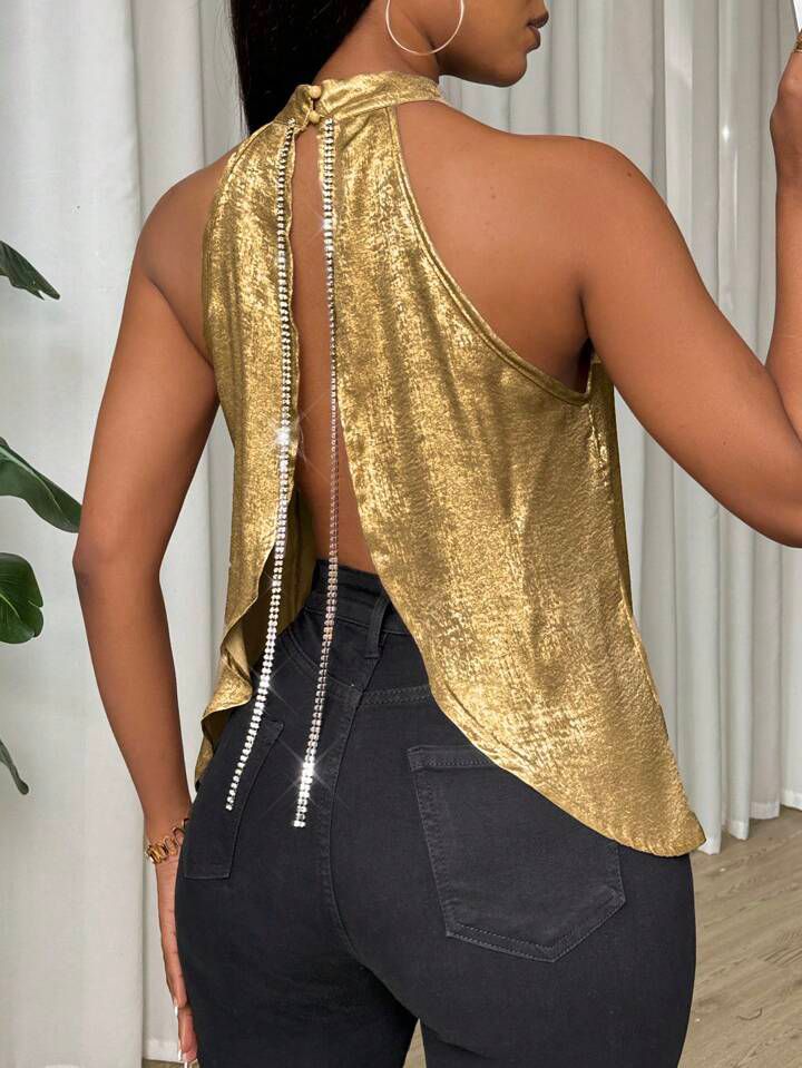 Back Stone Lace Open Halter Neck Gold Top