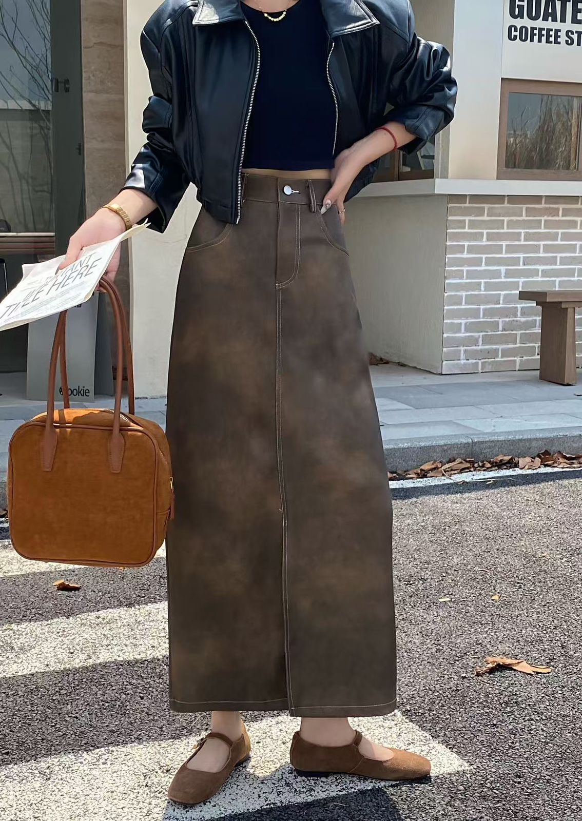 Korean street style long leather skirt