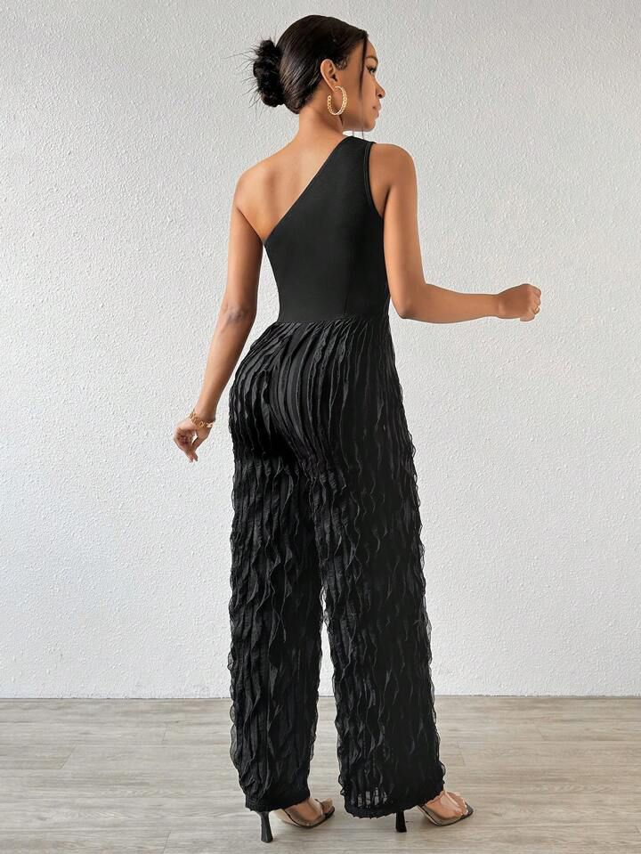 Black Jumpsuit With Diagonal Shoulder Sexy Texture Fabric