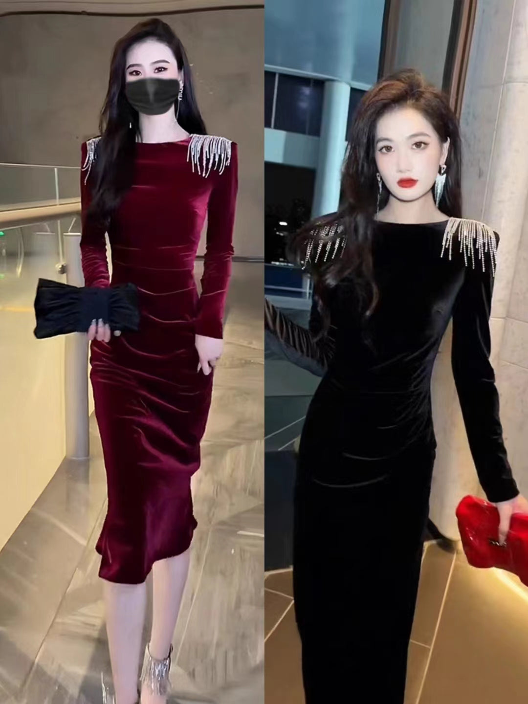 Velvet partywear shoulder rhinestone fall design full sleeve dress