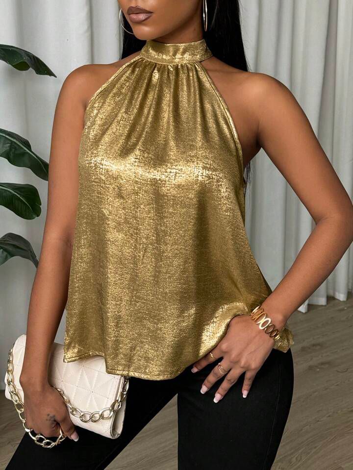 Back Stone Lace Open Halter Neck Gold Top