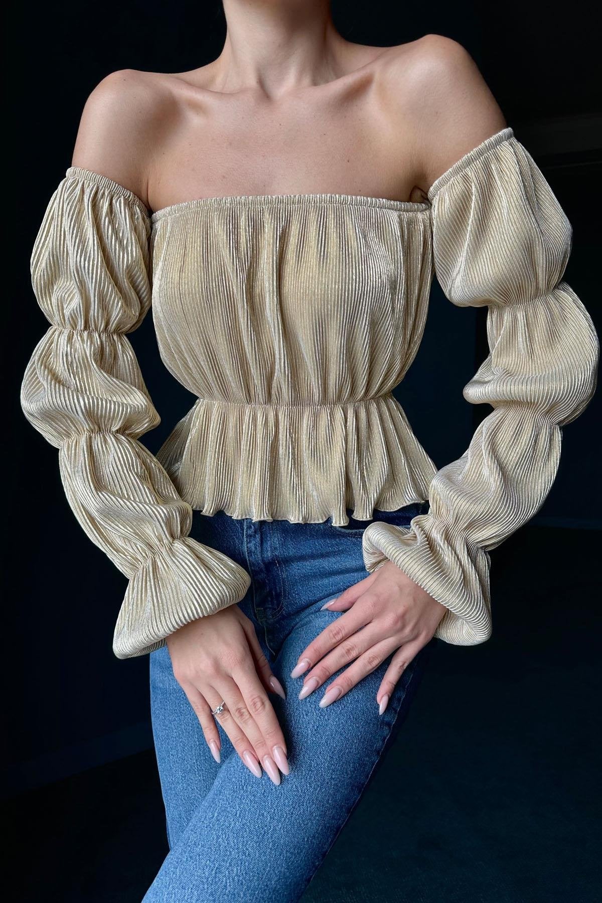 Chemical Pleat Off Shoulder Metallic Party Wear Top