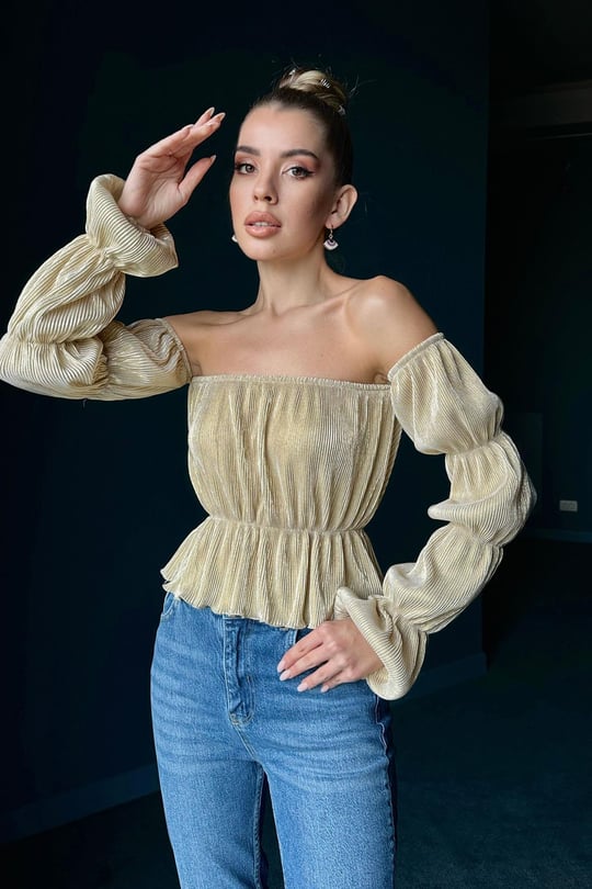 Chemical Pleat Off Shoulder Metallic Party Wear Top