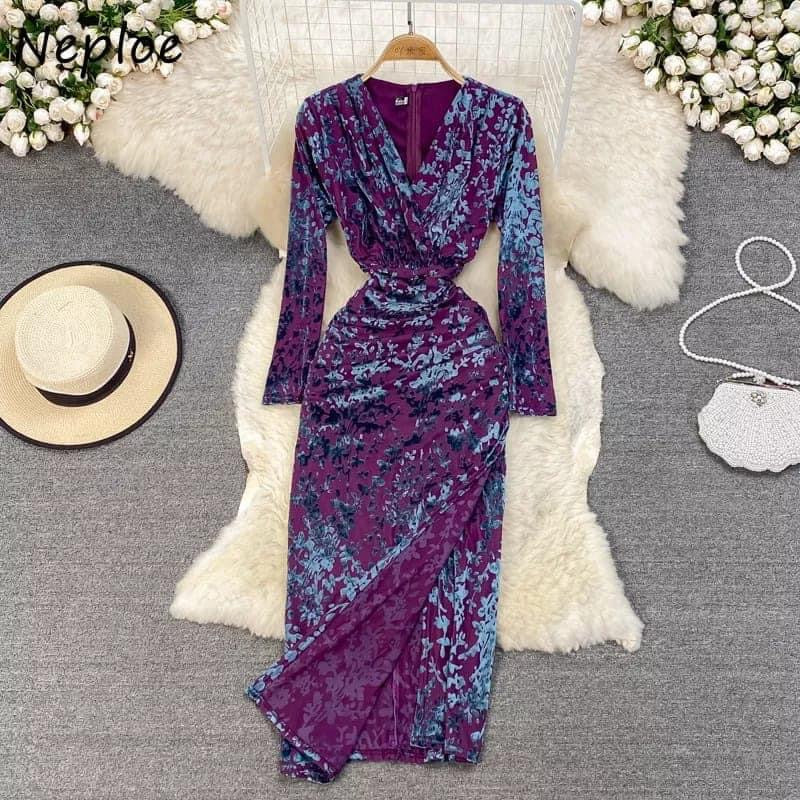 Overlap neck suede print embossed evening dress