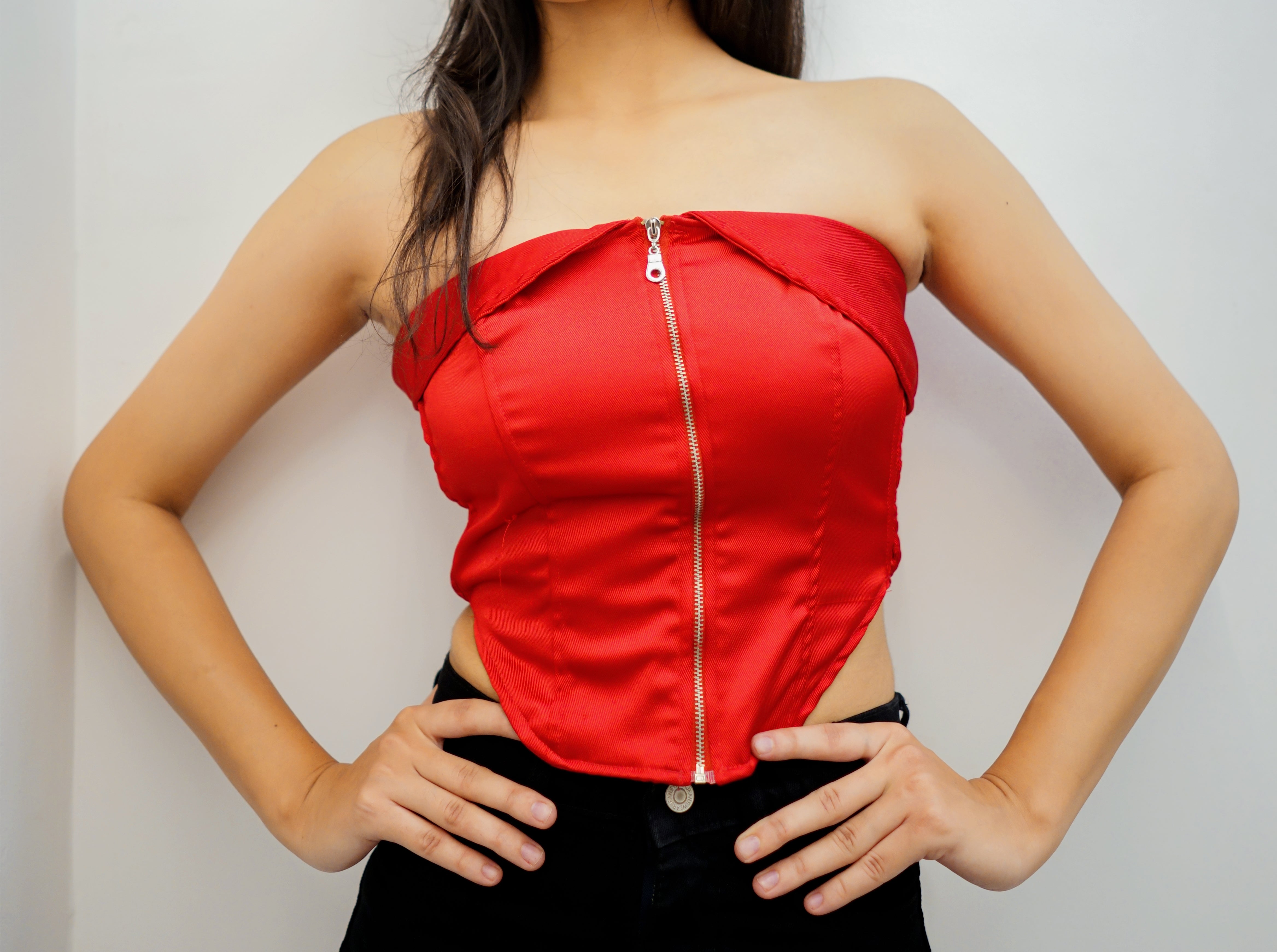 Back shirred tube top with front zip detailing