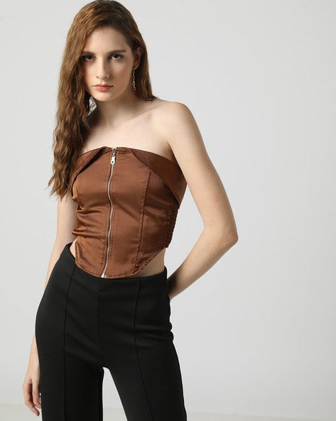 Back shirred tube top with front zip detailing