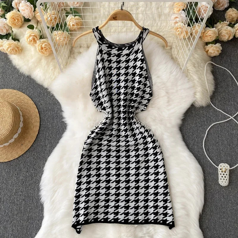 Halter neck waist cut with pearl detail dress