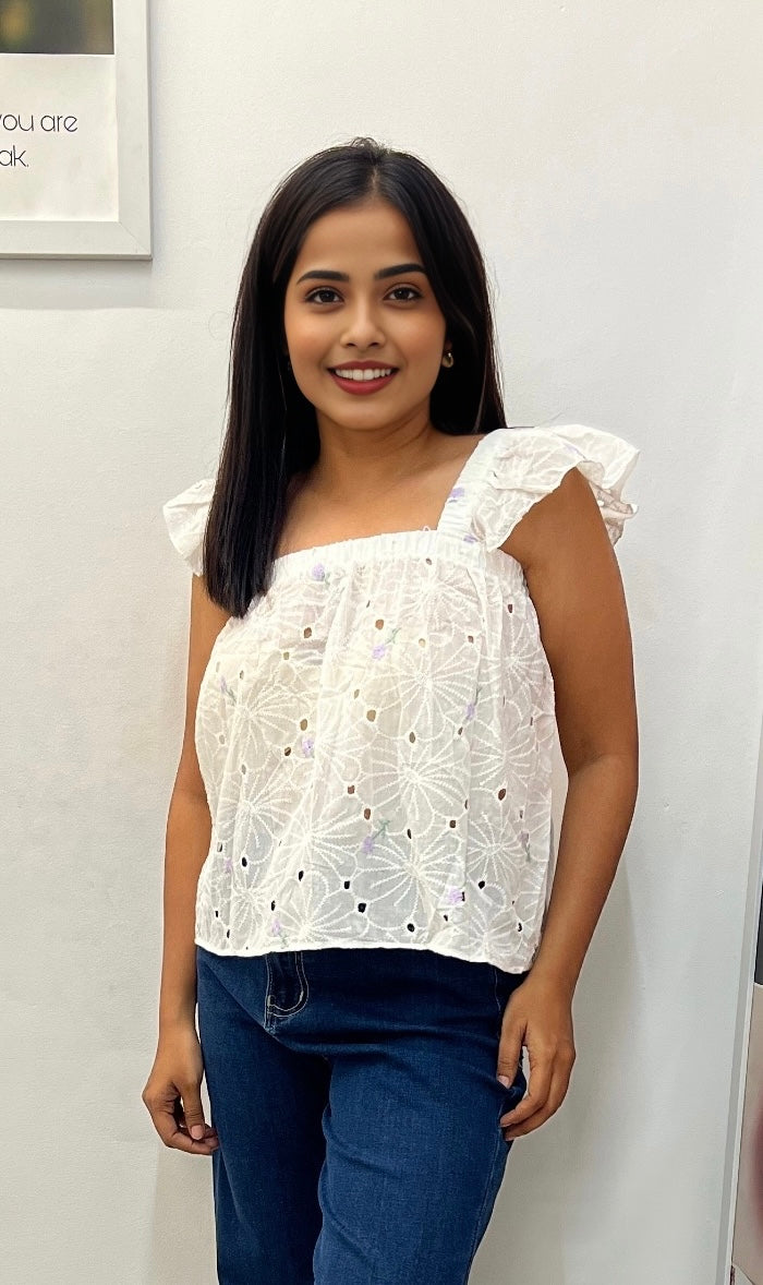 Chikankari embroidered shoulder ruffle top