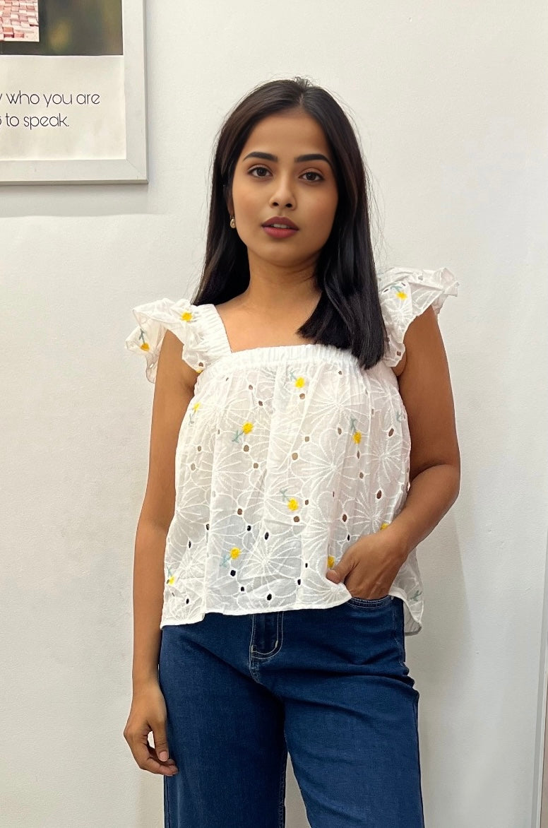 Chikankari embroidered shoulder ruffle top