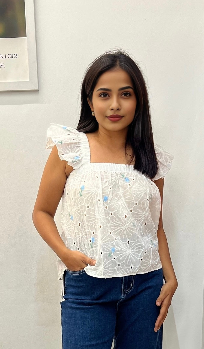 Chikankari embroidered shoulder ruffle top