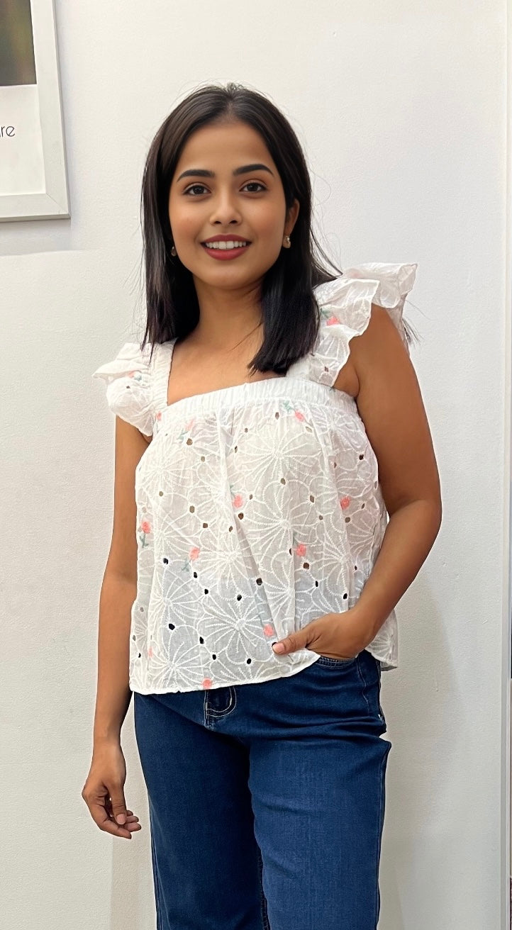 Chikankari embroidered shoulder ruffle top