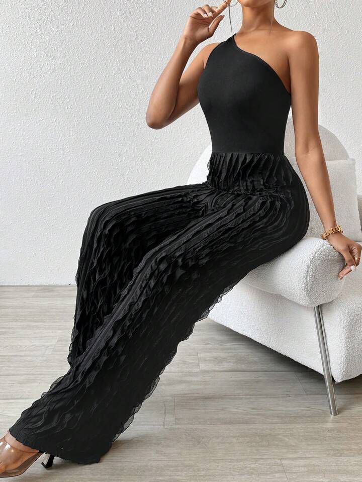 Black Jumpsuit With Diagonal Shoulder Sexy Texture Fabric