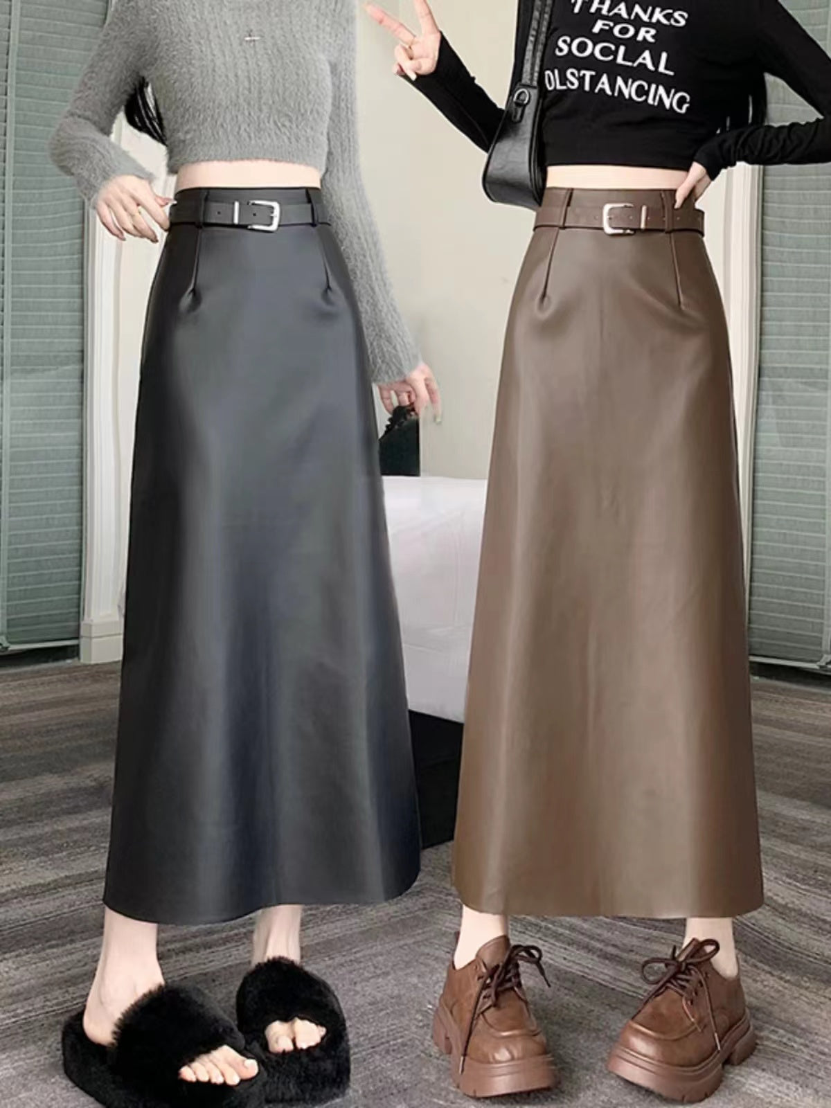 Long leather skirt with belt & back slit