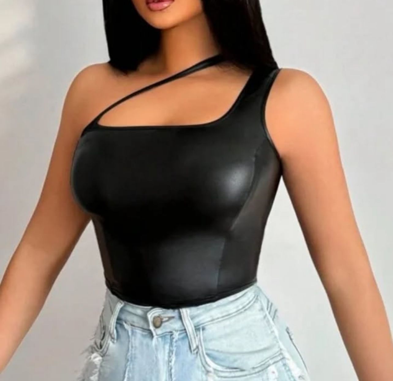 Draw String One Off Shoulder  Black Leather Crop Top