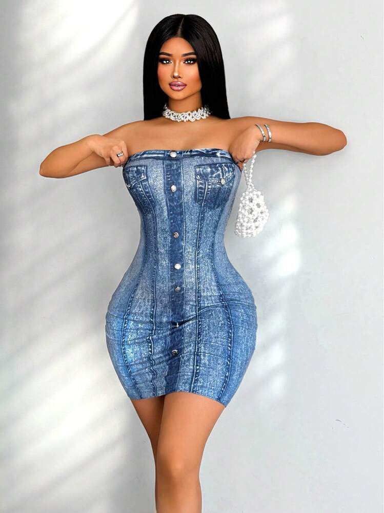 Denim printed look Tight Bodycon Tube dress