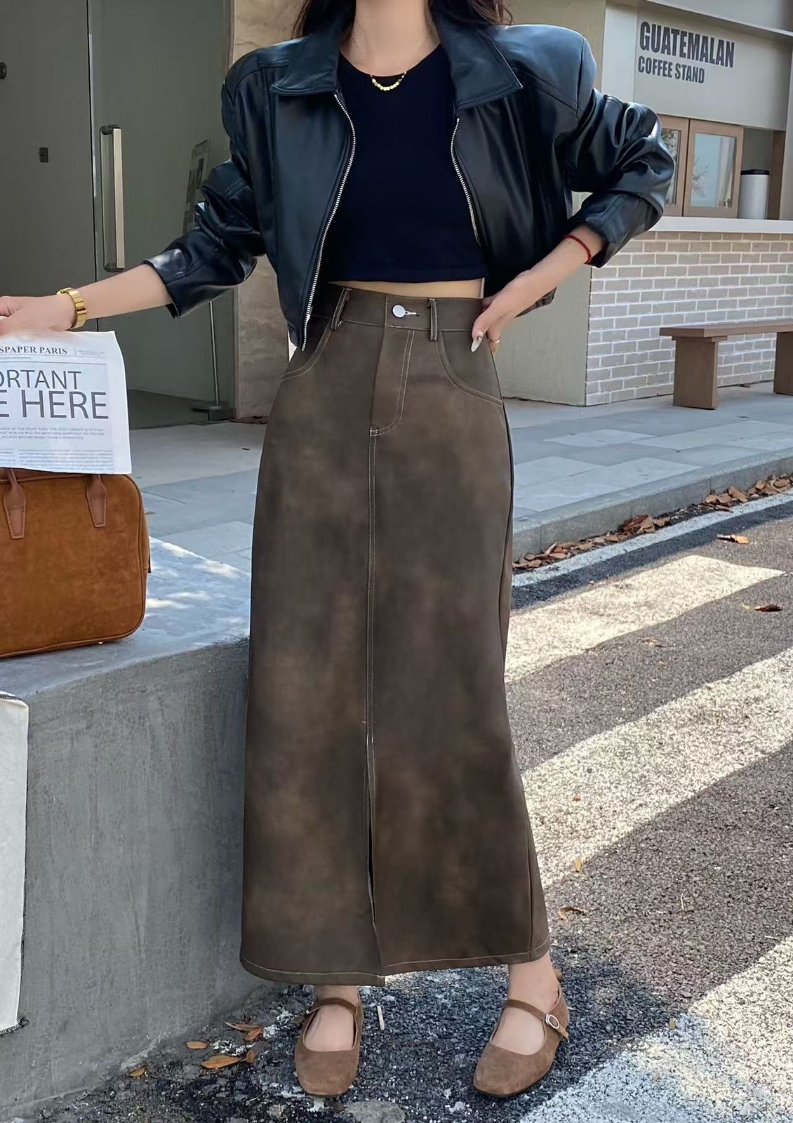 Korean street style long leather skirt