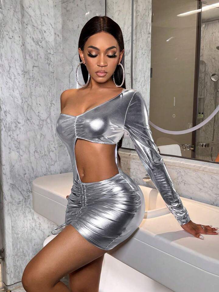 Allurite Metal Diagonal Shoulder Bold Hollowed Out Mini Dress Silver Dress