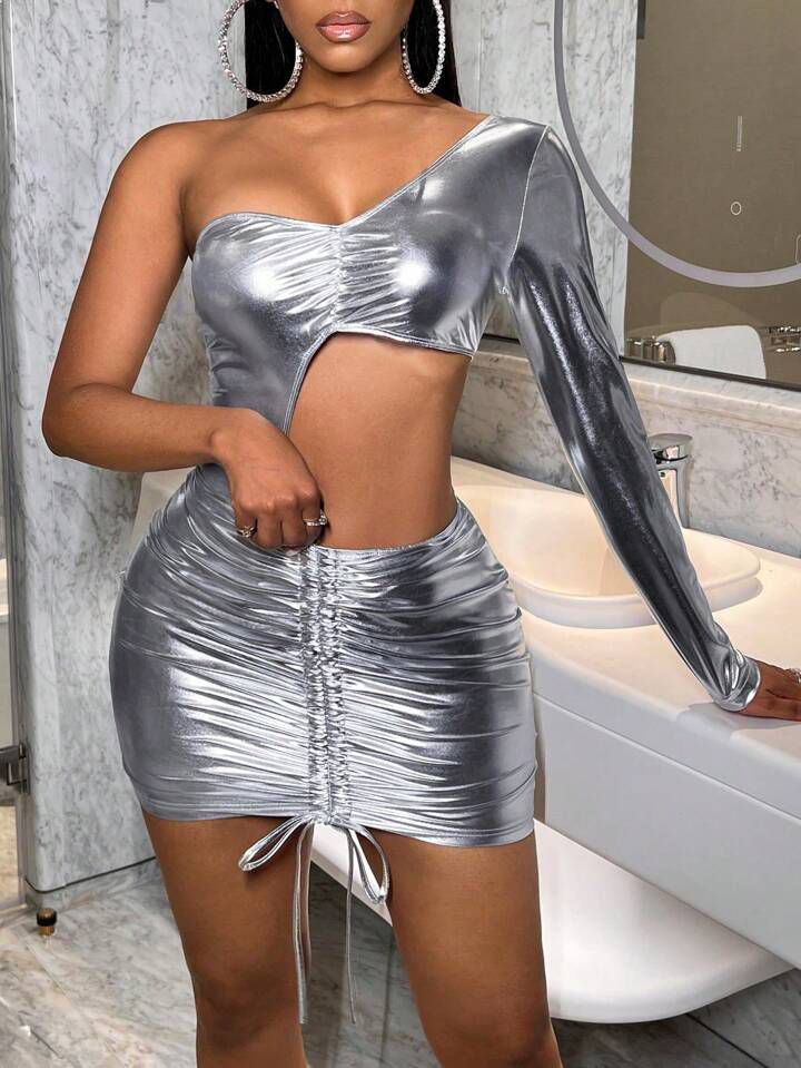 Allurite Metal Diagonal Shoulder Bold Hollowed Out Mini Dress Silver Dress