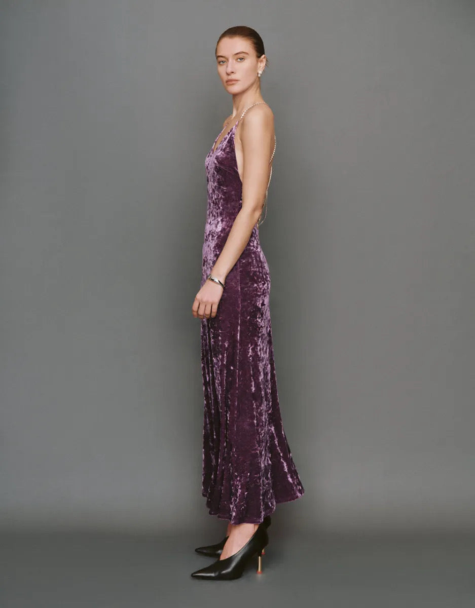 Back Swarovski chain design long crushed velvet dress