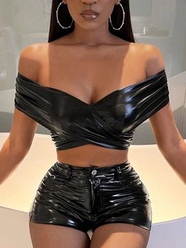 Cross Bodice Faux Leather Crop Top