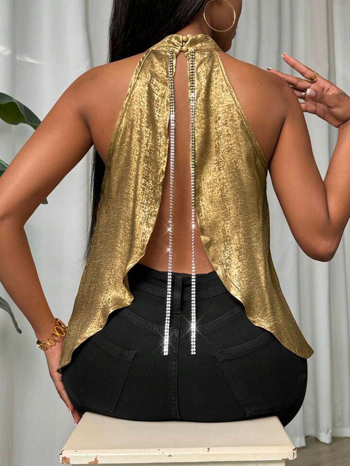 Back Stone Lace Open Halter Neck Gold Top