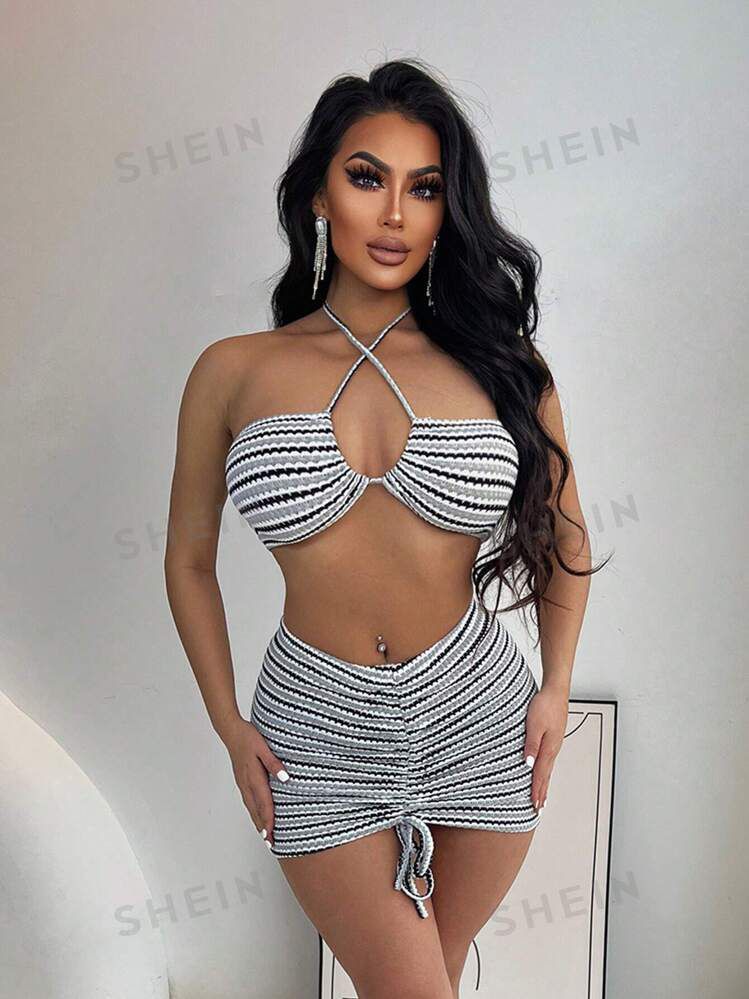 Crop Top & Drawing Mini Skirt Set, Sexy grey Texture Fabric, Halter neck Strap, Summer