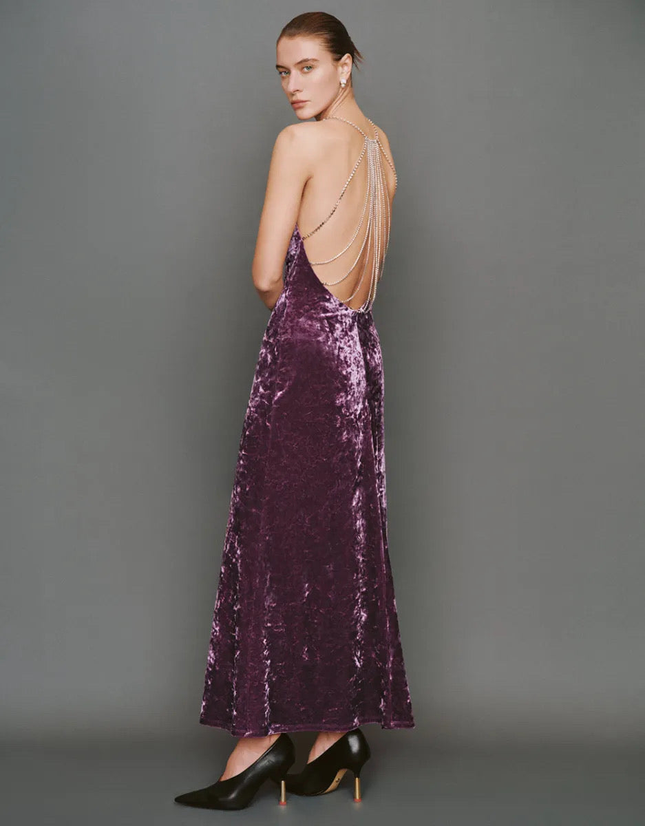 Back Swarovski chain design long crushed velvet dress