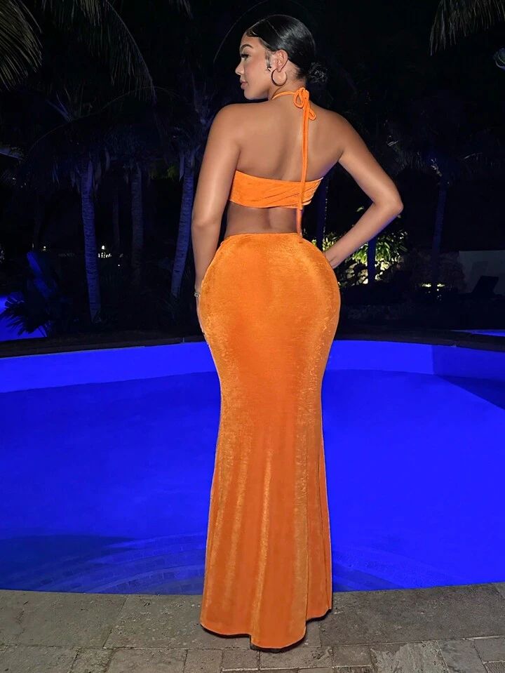 Cross Drawstring Waist Hollow Out Twisted Knot High Slit Orange Halter Dress