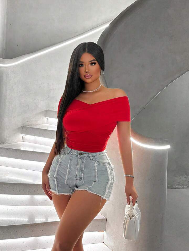 Ladies Red Off-Shoulder Top