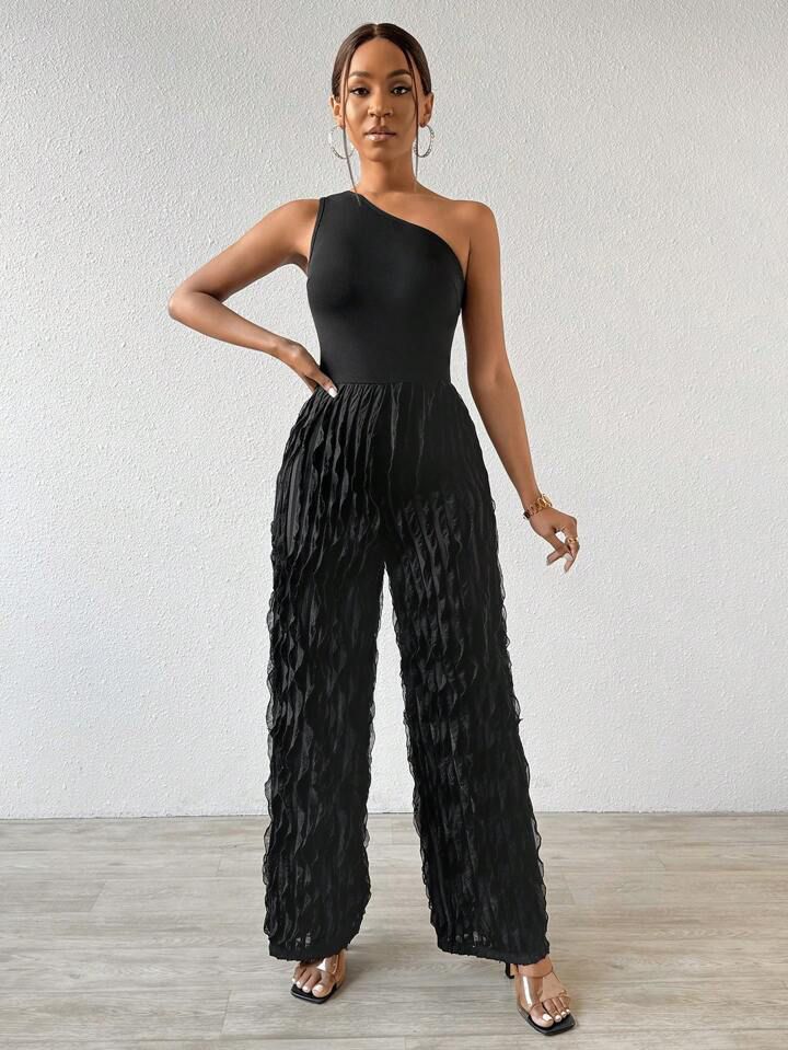 Black Jumpsuit With Diagonal Shoulder Sexy Texture Fabric