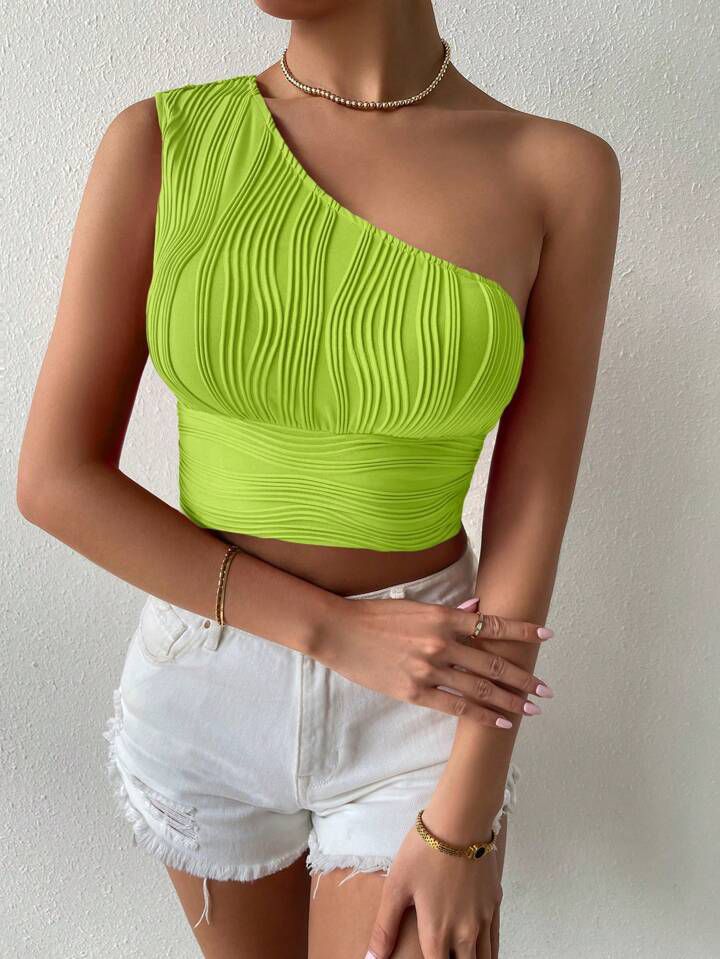 Allurite Solid One Shoulder Zip Side Crop Top