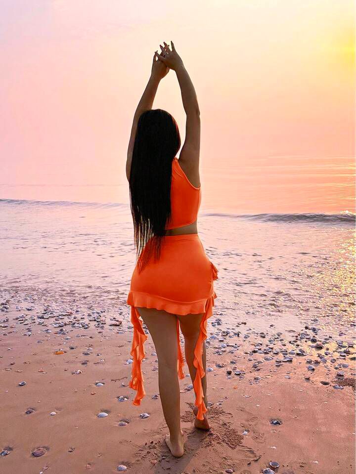 Asymmetrical Hem Short Crop Top & Ruffled Mini Skirt Sexy Orange 2piece set