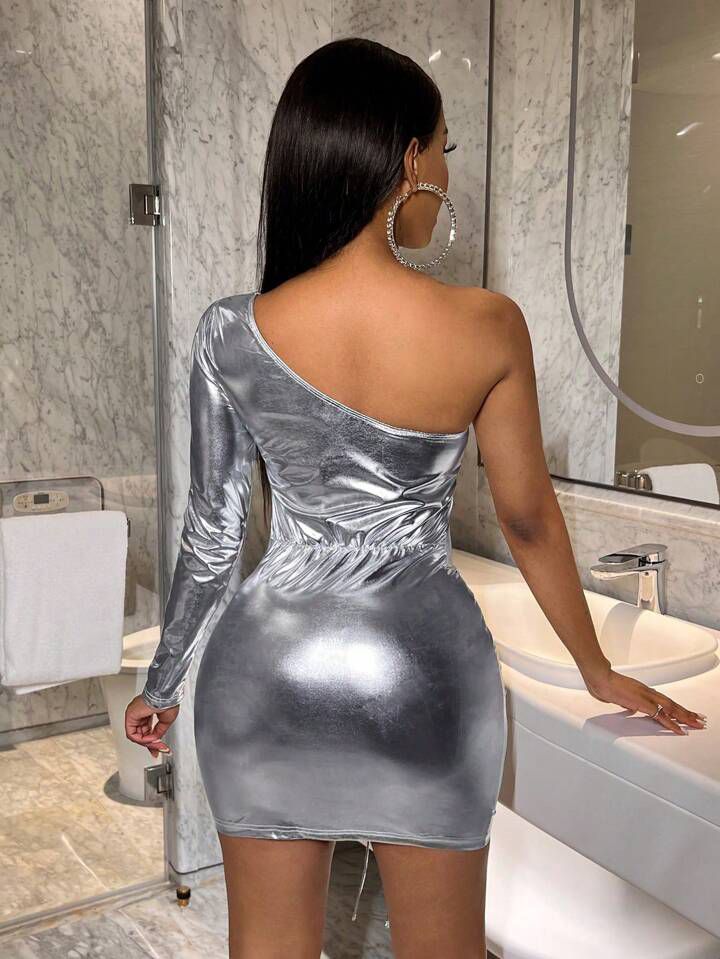 Allurite Metal Diagonal Shoulder Bold Hollowed Out Mini Dress Silver Dress