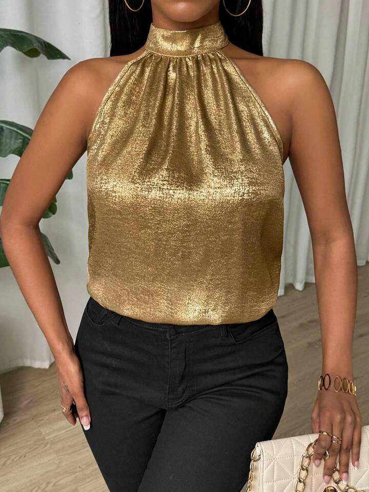 Back Stone Lace Open Halter Neck Gold Top