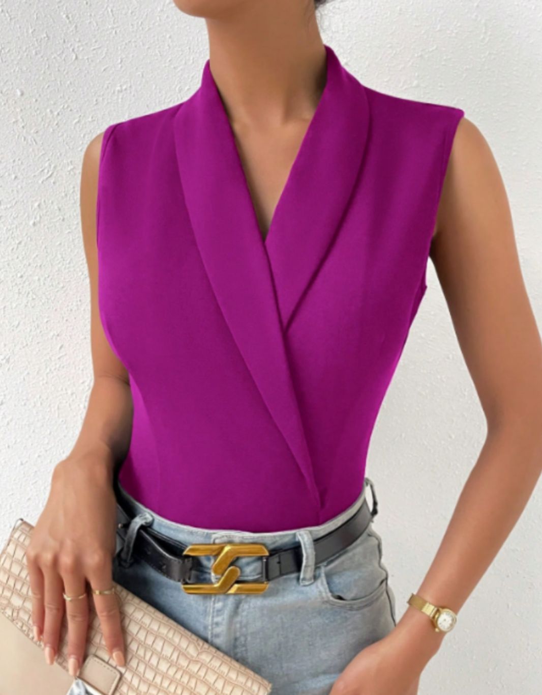 Women's Sleeveless Shawl Collar Shirt Bodysuit