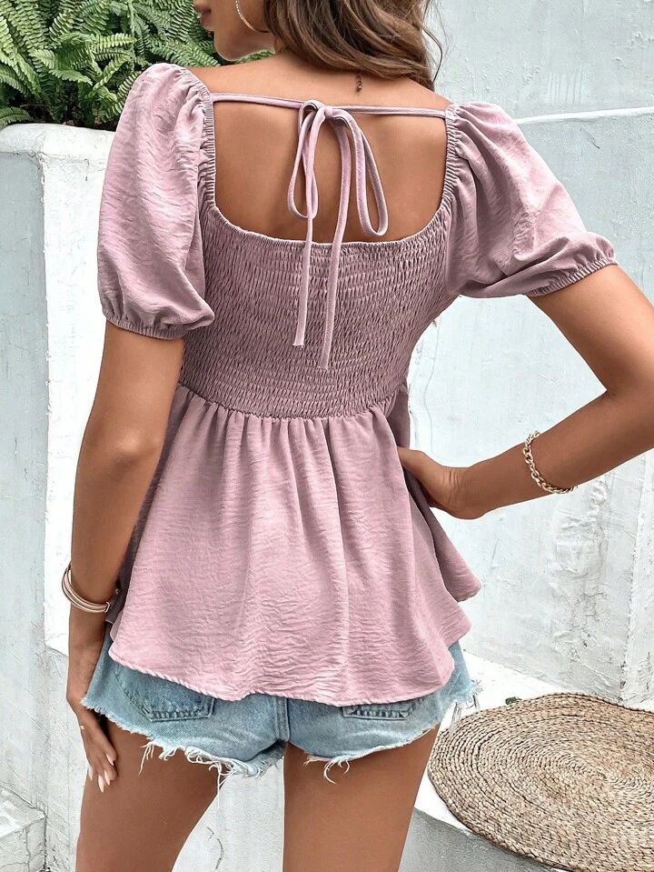 Notched neckline Puff Sleeve Peplum Blouse