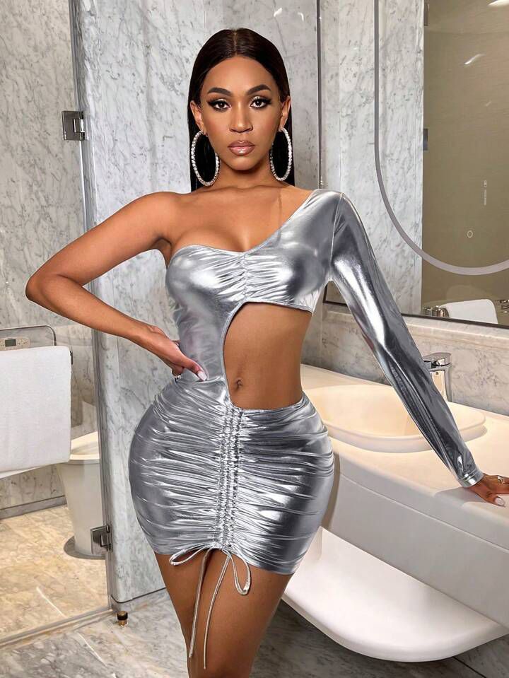 Allurite Metal Diagonal Shoulder Bold Hollowed Out Mini Dress Silver Dress