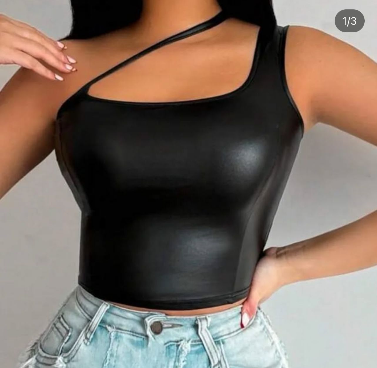 Draw String One Off Shoulder  Black Leather Crop Top