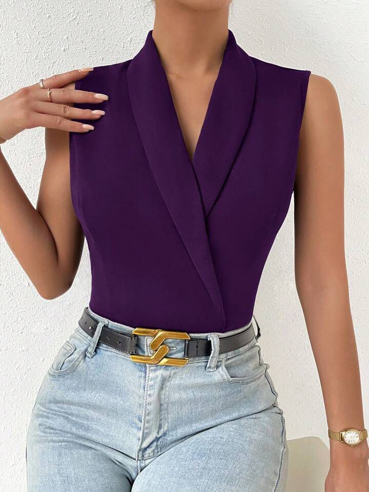 Women's Sleeveless Shawl Collar Shirt Bodysuit