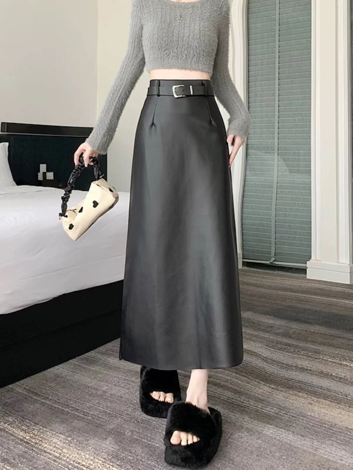 Long leather skirt with belt & back slit